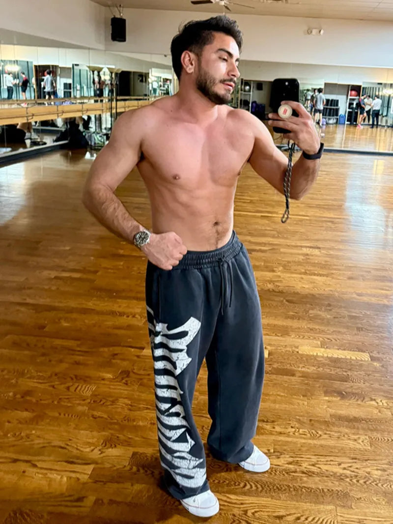 2026 Young American trendy sweatpants collaboration anime joggers cotton terry print wide-leg casual pants hip-hop street pants