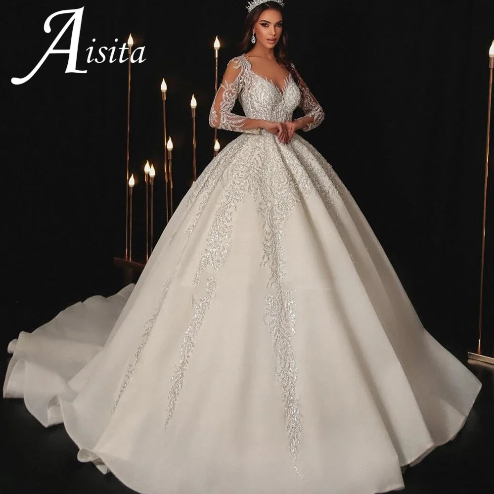 Modern Wedding Dresses Sweethear6t Bridal Gowns Lace Appliques Full Sleeves Floor Length Robes Vestidos De Novia Customized