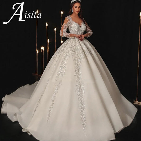 Modern Wedding Dresses Sweethear6t Bridal Gowns Lace Appliques Full Sleeves Floor Length Robes Vestidos De Novia Customized