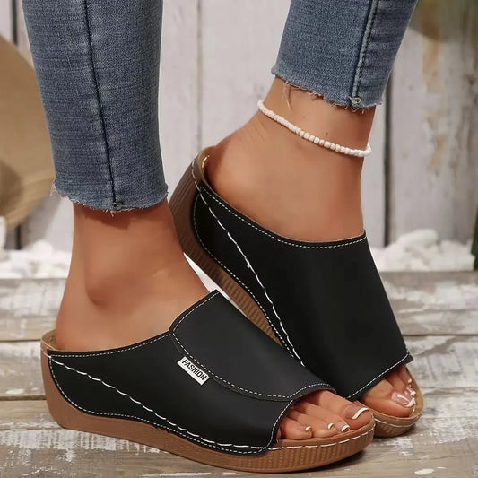 Ladies wear wedge heel sandals, solid color open toe thick soled shoes, summer comfortable slippers, ventilated and easy to wear