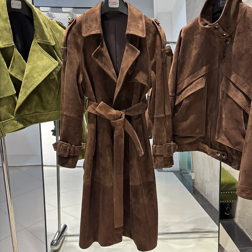 YOLOAgain High Quality Real Leather Trench Coat Women Genuine Leather Jacket Windbreak Female