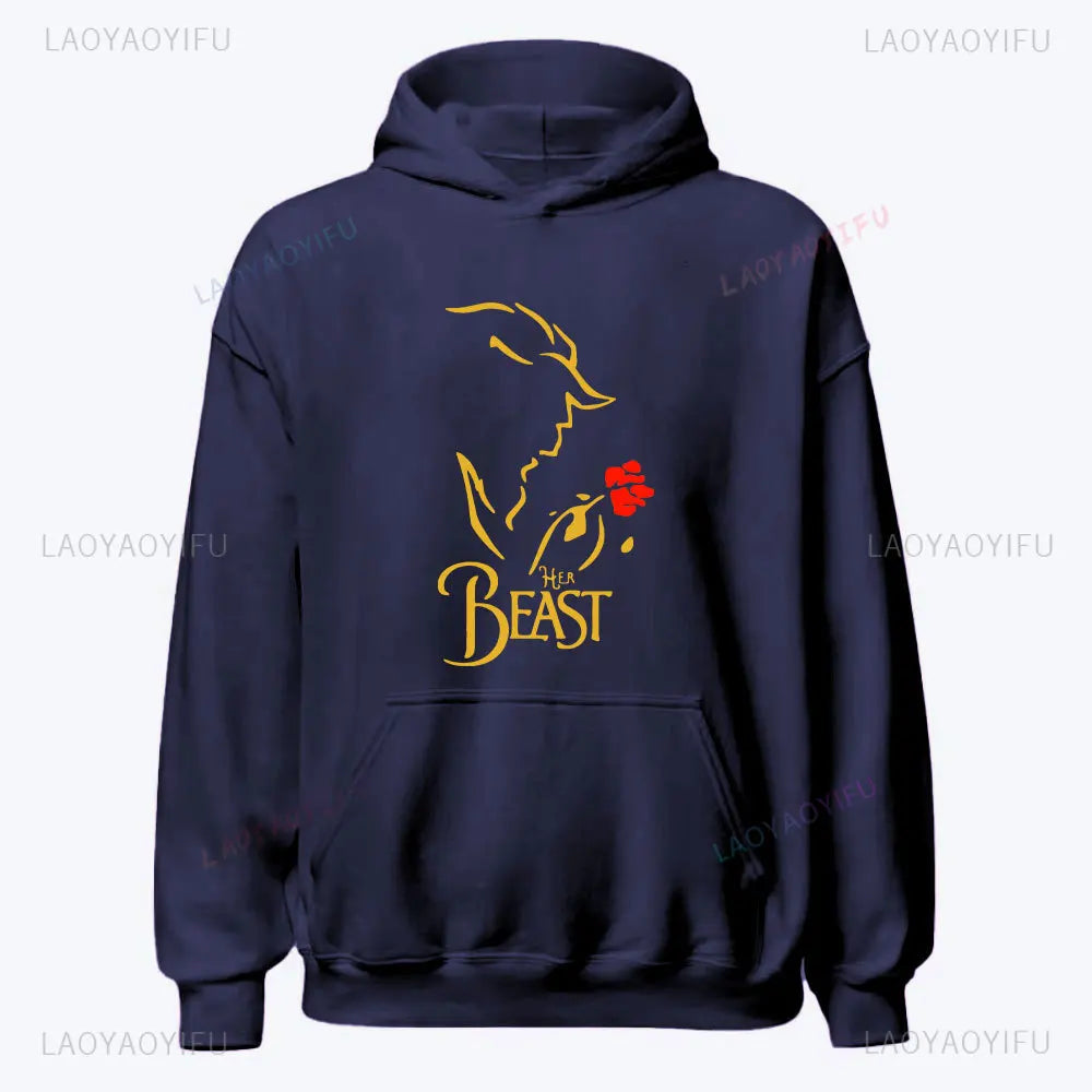I'm Her Beast I'm His Beauty Print Sweatshirts Couple Matching Hoodies Men Women Long Sleeve Hooded Luminous Lover Hoodie