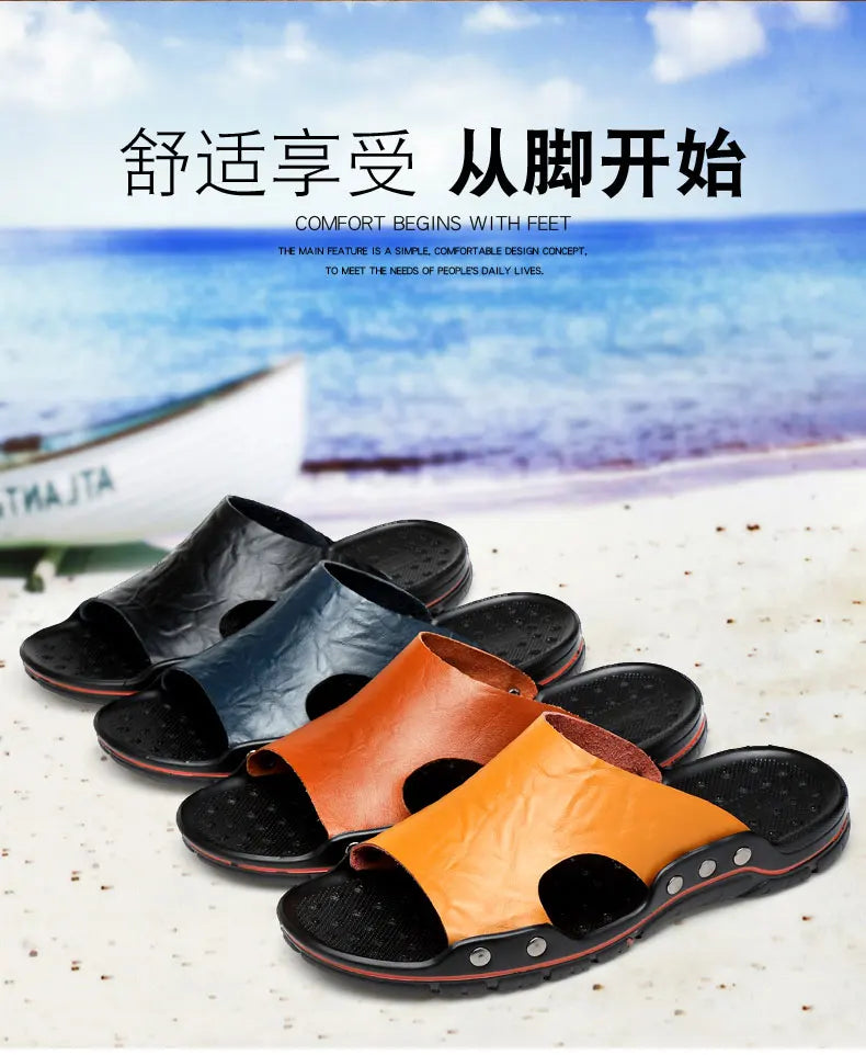Genuine Leather Slippers for Men Casual Big Size Wear-Resistant Non-slip Fashion Flat Breathable Comfortable Shoes Summer Main