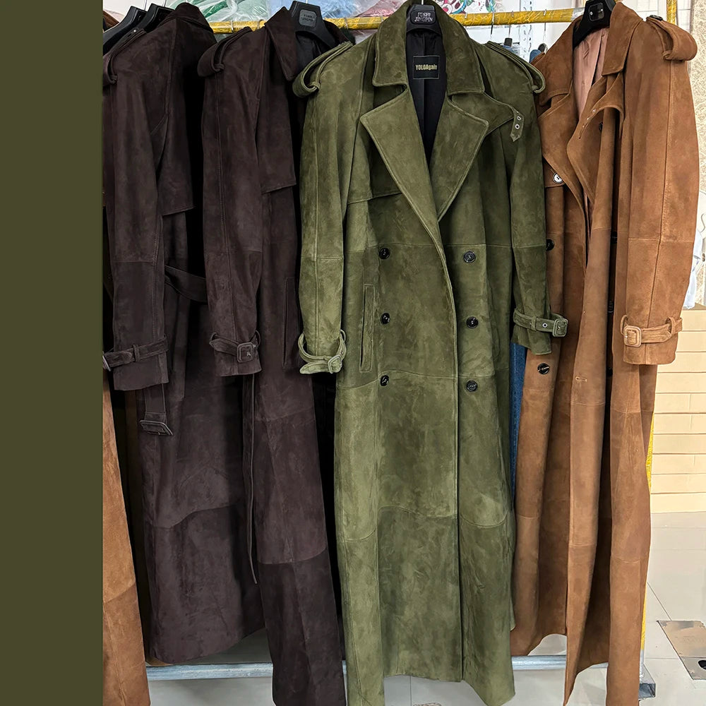 YOLOAgain 150cm Extra Length Real Leather Trench Coat Women Double Breasted Suede Coat Female
