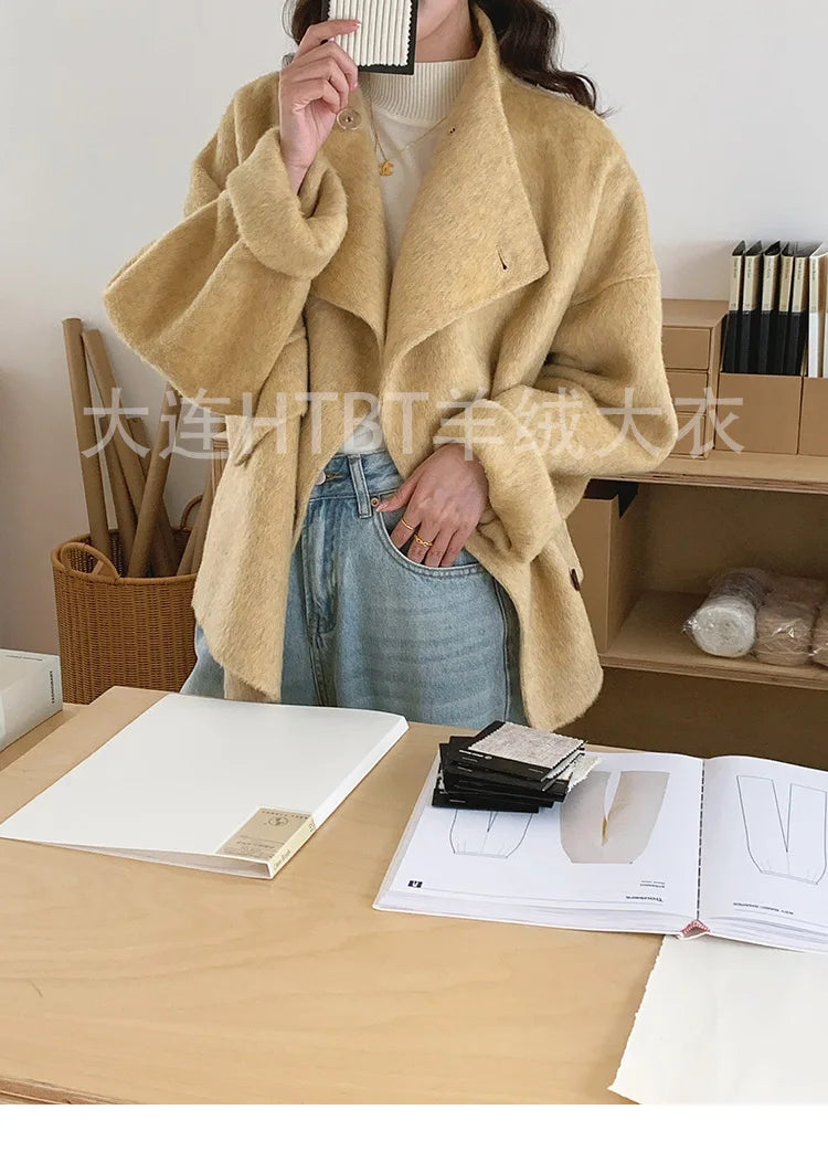 New Winter Short Woolen Coat Fashion Causal Warm Mulberry Silk Lapel Double-sided Wool Coat Loose Suit Jacket Female Tide Autumn