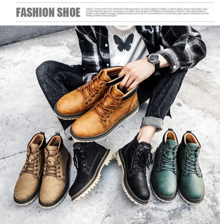 Men's High-Top British Style Motorcycle Boots Durable Cowboy Ankle Shoes Rugged Casual Non-Slip Leather Outdoor Work Footwear