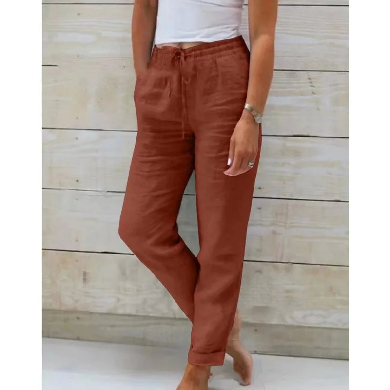 Cotton Linen Pants For Women Fashion Streetwear Elegant Summer Casual Solid Color Trousers High Waist Elastic Straight Pants