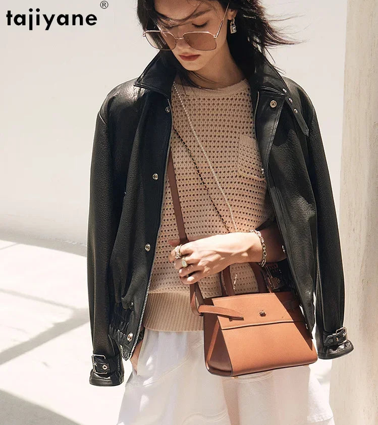 Tajiyane High-end Genuine Leather Jacket Women 2023 Short Casual Black Leather Jackets Real Sheepskin Coat Elegant Streetwear
