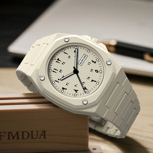 Both men and women can wear this stylish new men's watch. It is a simple black men's quartz watch with Arabic numerals and a cas