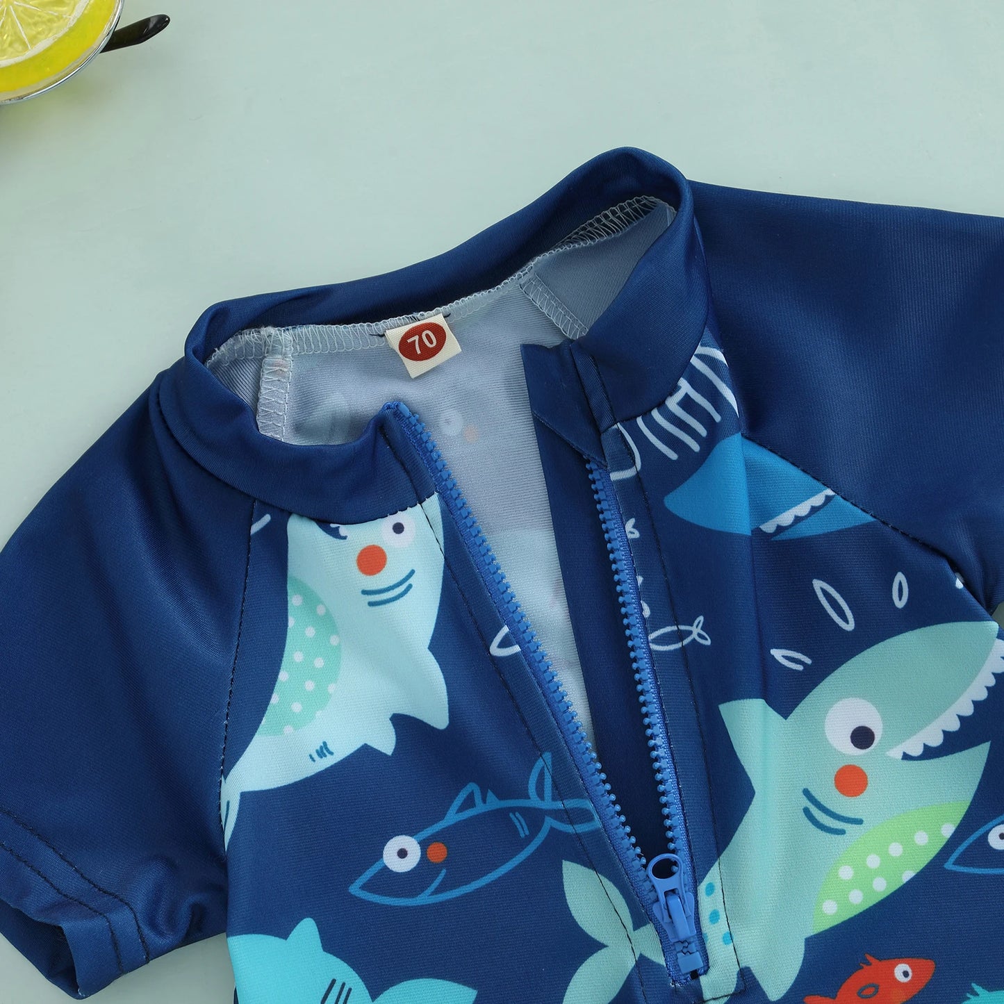 BeQeuewll Toddler Boys Summer Swimming Suit Kids Rash Guard Swimsuit Shark Print Zipper Short Sleeve Kids Bathing Suit with Cap