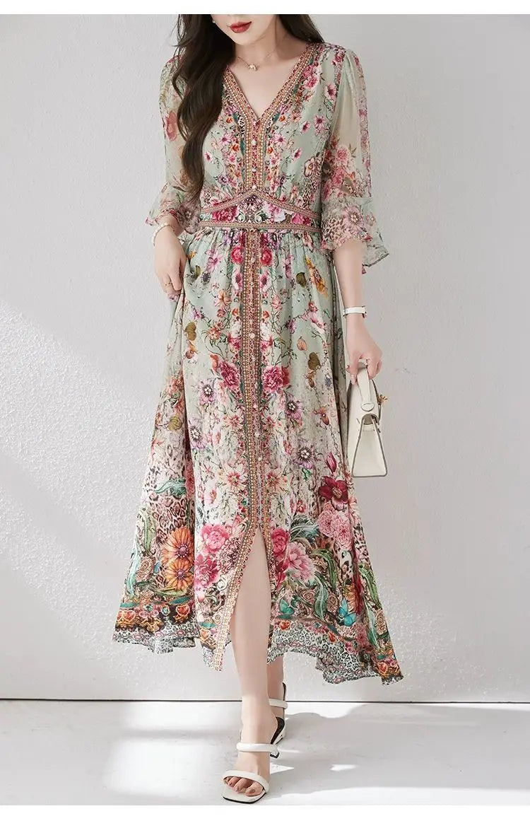 Green Silk Dress for Women in the Summer of 2026 Luxurious High-end Exquisite and Elegant Temperament Mulberry Silk Vacation WLF