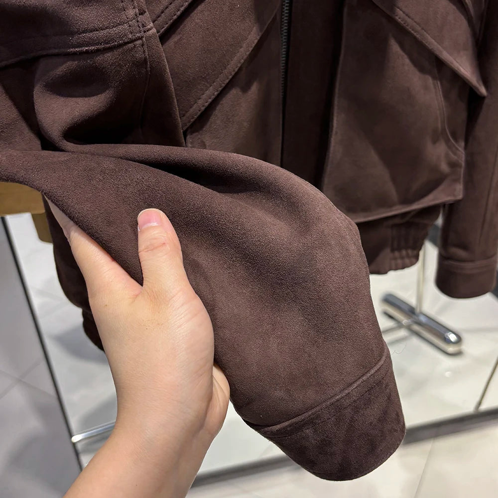 YOLOAgain Women Real Leather Jacket Oversized Light Khaki Suede Leather Jacket Coat With Collar