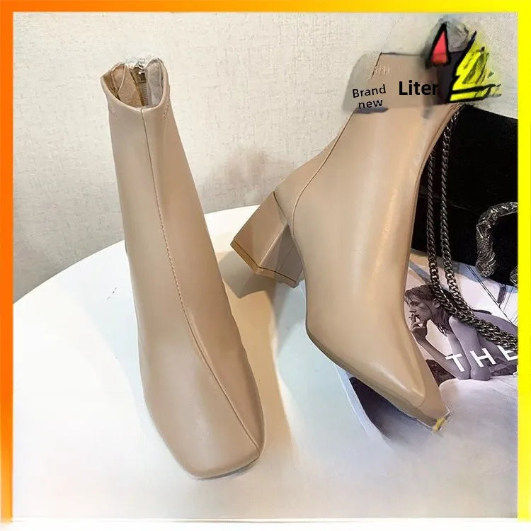Ladies Bla High Heel ort Boots Spring Autumn Briti Sle Square Head  Boots Faionable Waterproof PU Leather
