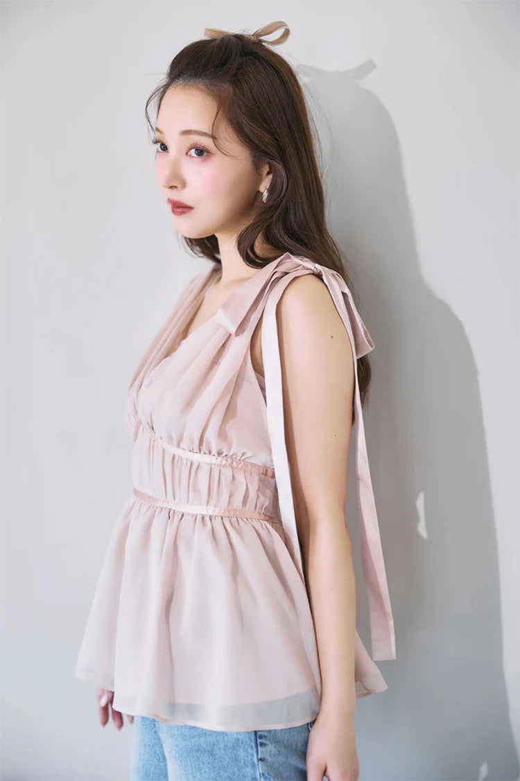 Women's Tops Summer Bow Tie Sweet Elegant Blouse Femme V Neck Shirt Waist-Cinching Japanese Style Sleeveless Chiffon Blouse