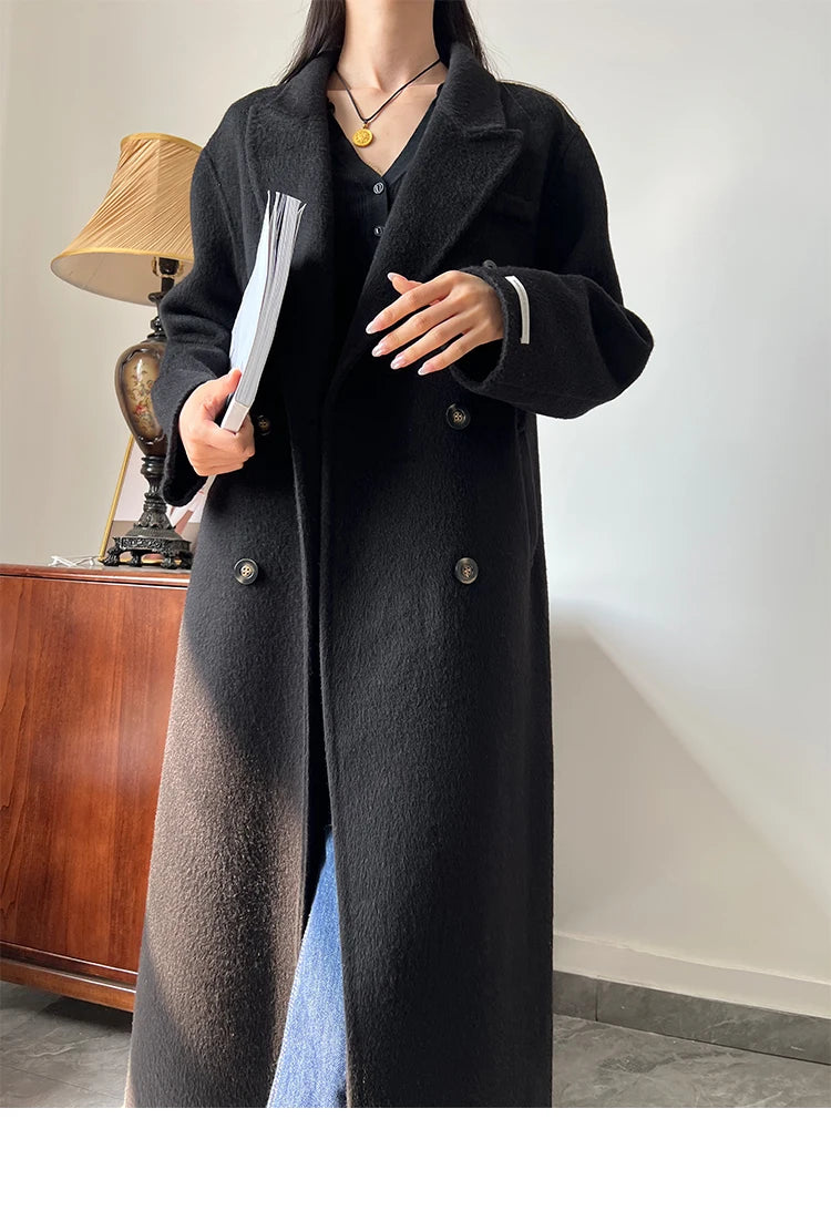 Office Lady Woolen Jackets 2024 Autumn And Winter Suit Collar Double Breasted Warmer Yak Hair Loose Long Women's Wool Coats
