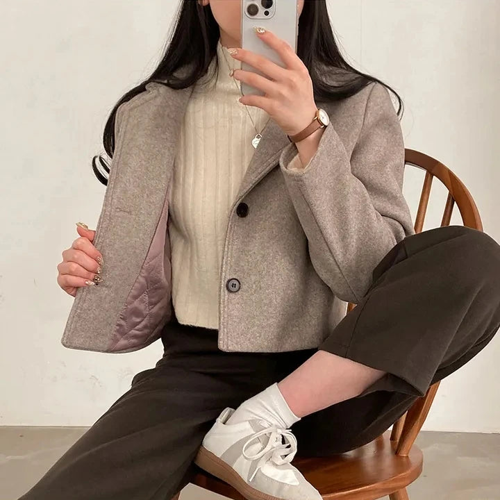 ort Thiened Woolen Coat for Women Winter New Sle Retro Single Button Suit Collar Coat Korean Sle Straight Tube pe