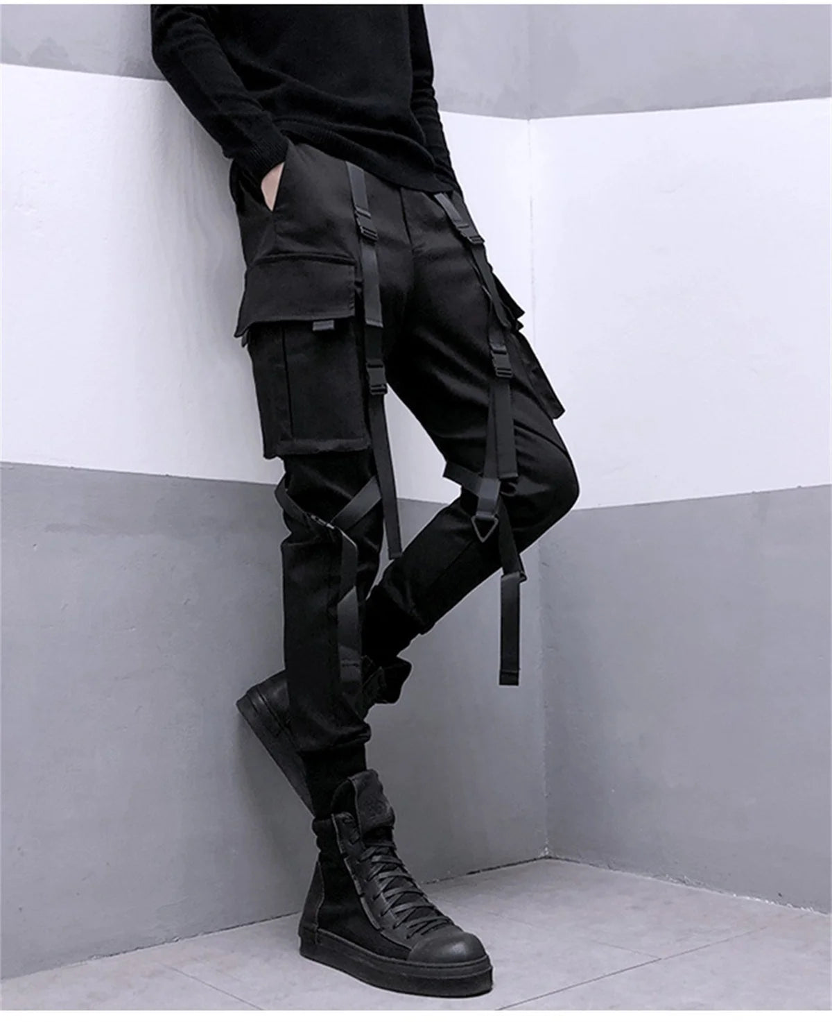 Black Cargo Pants Hip Hop Joggers Men Loose Harem Pants Multi-pocket Ribbon Men's Pants Trousers Streetwear Sport Pants for Men