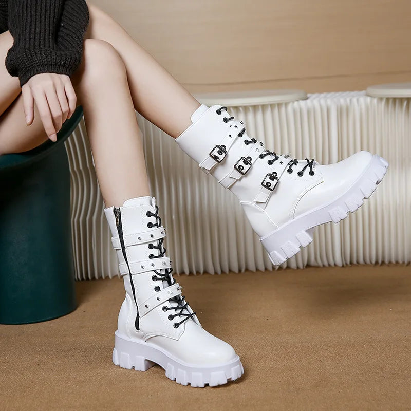 WOMEN ANKLE BOOTS Goth Boots Woman Winter 2024 Platform Shoes Sneakers Studded Belt Buckle Punk  Chunky Heels Mid Calf Boots