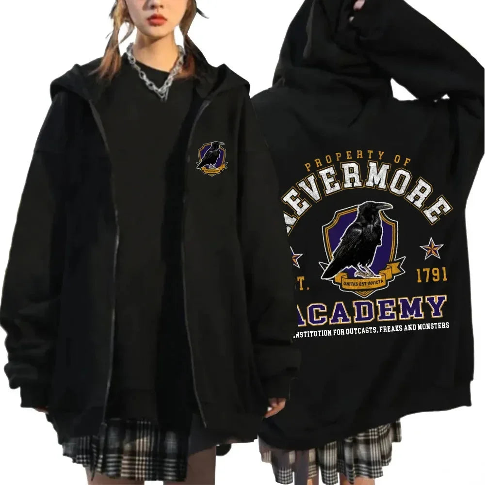 Nevermore Academy Wednesday Addams Zipper Hoodie Casual Fashion Zip Up Sweatshirts Women's Hoodie Top Spring Autumn Coats