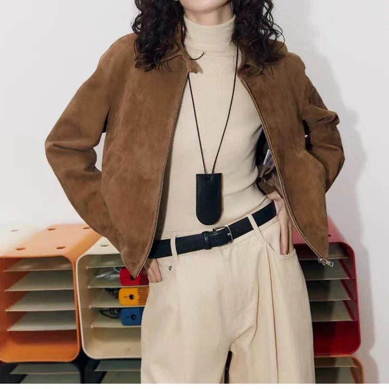New Goatskin Suede Jacket Autumn Women Coffee Vintage Fashion Maillard Old Money Style Lapel Slim Short Genuine Leather Coat