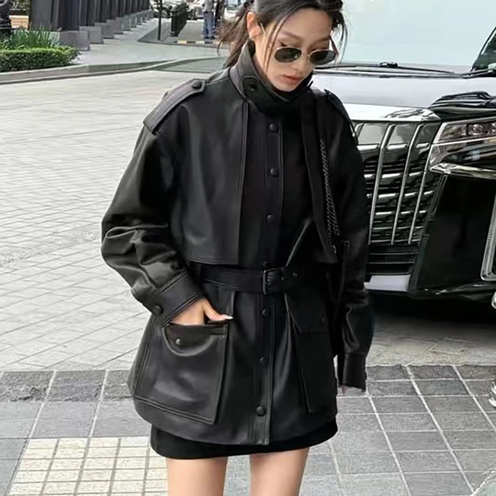 YOLOAgain Real Leather Suede Jacket Women Dark Brown Single Breasted Leather Coat With Belt