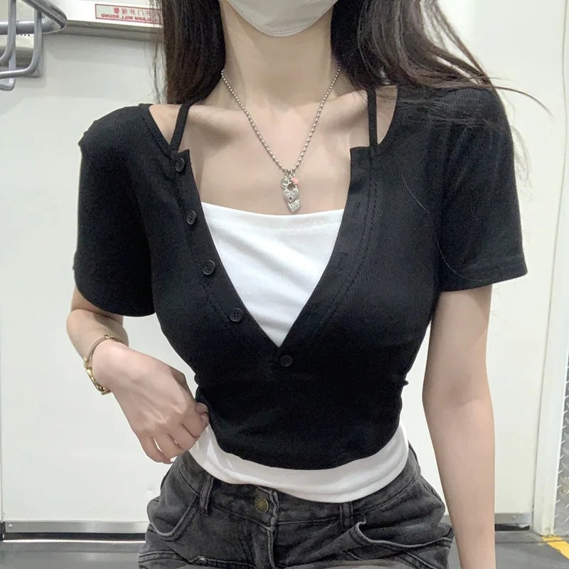 Summer Women Sexy Club Bodycon Tops Lady Hanging Neck Crop Short Sleeved T-shirts Female Fashion Comfortable Black Gray Clothes