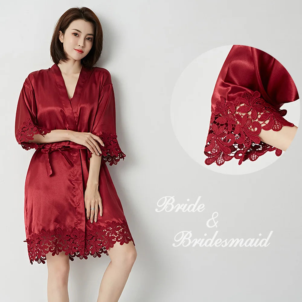 Wedding Embroidery Bride Bridesmaid Kimono Dresses Lace Gown Sexy Women Robes Home Gown Bathrobe Short Night Shirts Sleepwear1PC