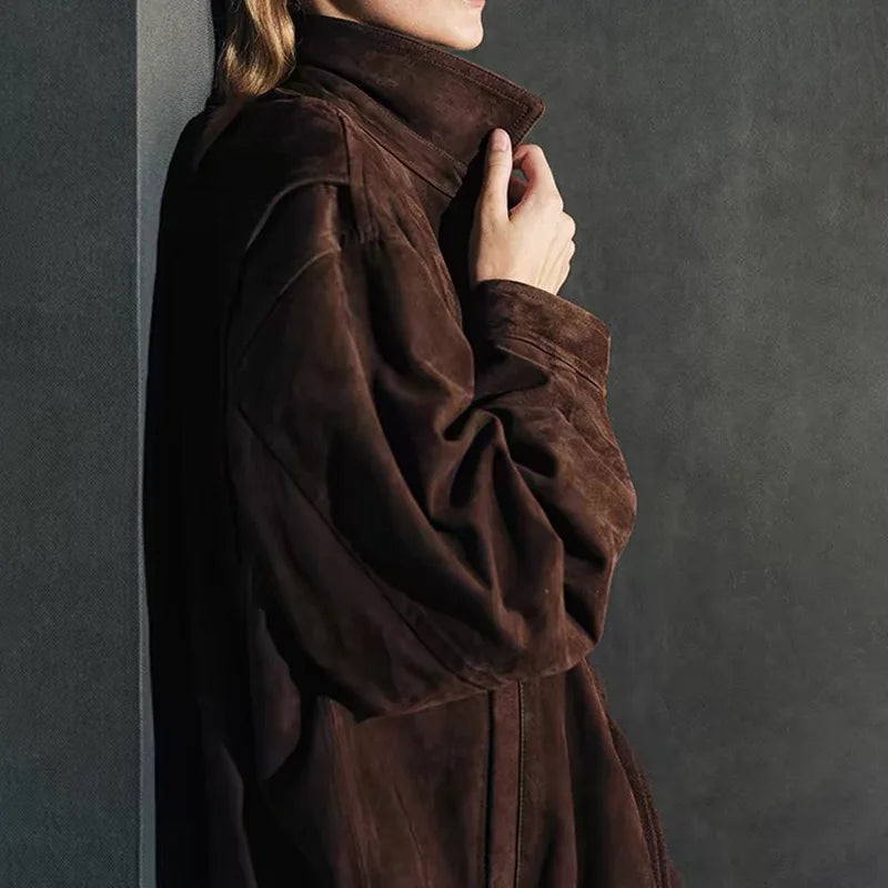 Brown Suede Jacket Spring Women Sheepskin Vintage Old Money Style Wide Shoulder Casual Baseball Leather Coat Giacca Pelle Donna