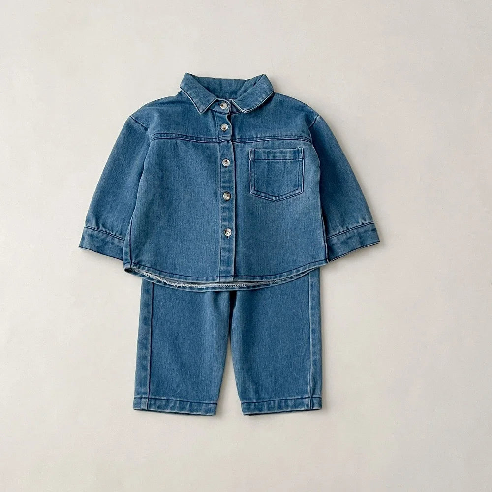 Baby clothes 2025 new children's solid color long sleeved denim set, boys and girls cardigan long pants casual sports two-piece