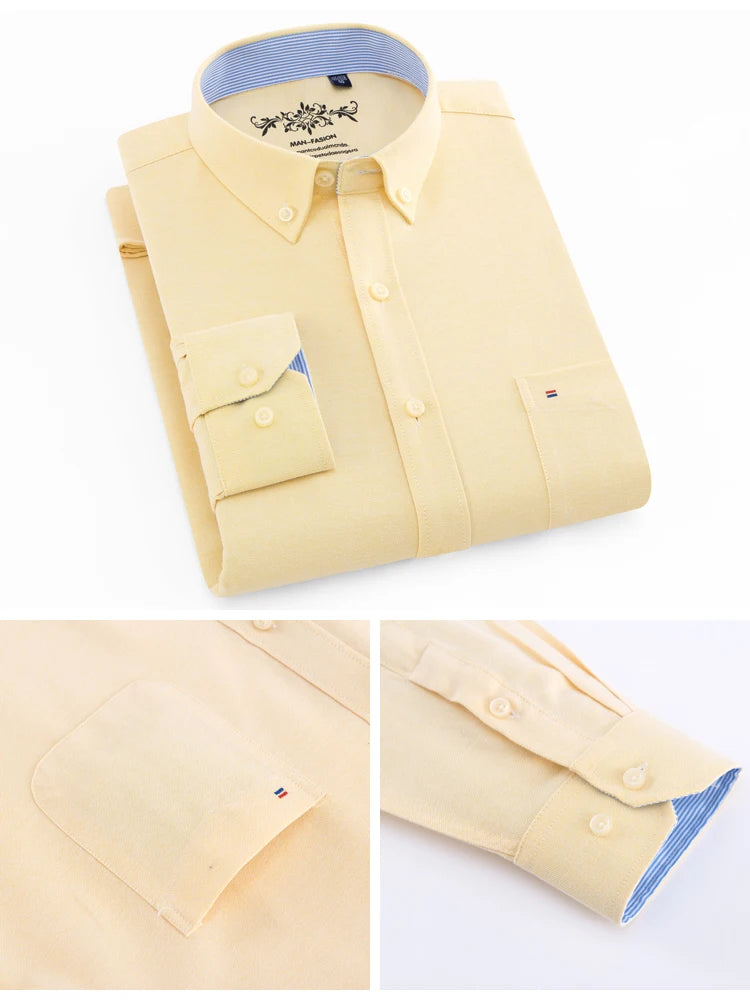 Men's Fashion Long Sleeve Oxford Work Shirt Single Patch Pocket Simple Design Embroidered Regular-fit Casual Button-down Shirts