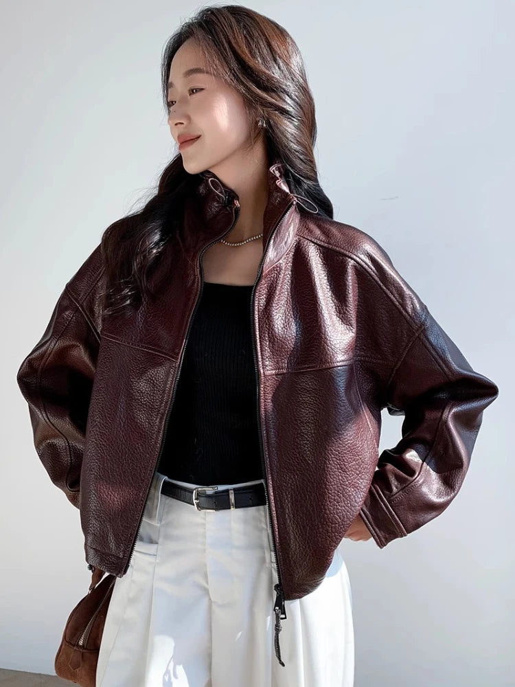 Vintage Genuine Leather Cropped Jackets for Women Spring Autumn 2025 New High-end Simple Stand Collar Bubble Real Sheepskin Coat