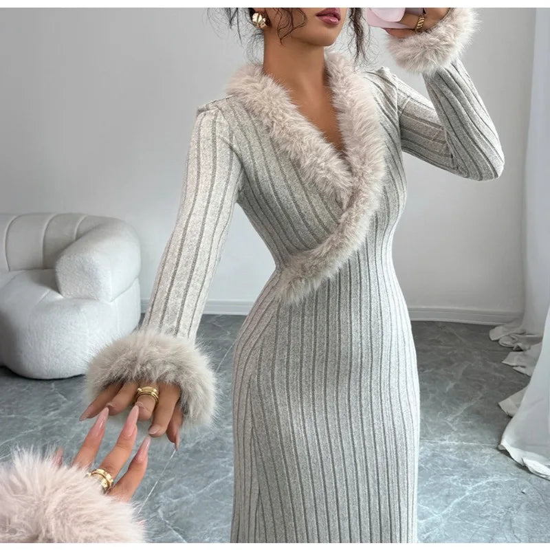 2025 Autumn/Winter Elegant Pure Color Long-Sleeved A-line Skirt Dress