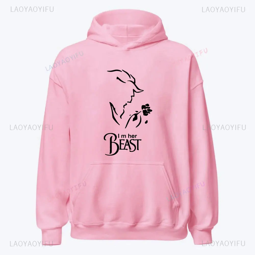 I'm Her Beast I'm His Beauty Print Sweatshirts Couple Matching Hoodies Men Women Long Sleeve Hooded Luminous Lover Hoodie
