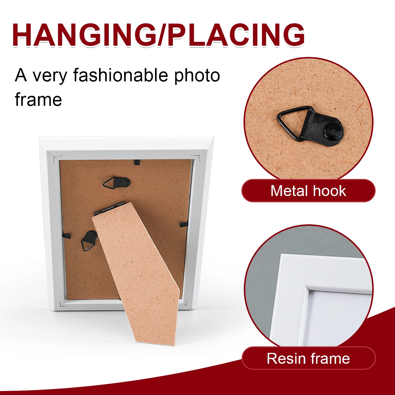 Multi-size tabletop photo frames for displaying 5, 6, 7, and 8-inch photos, suitable for placement in living rooms, bedrooms