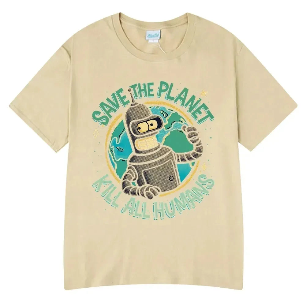 Summer Fashion Hot Save The Planet Kill All Humans Funny Tops Robot Print Oversized T-Shirts Men Women Short Sleeve Cotton Tops