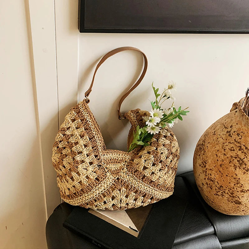Women Weaving Clutches Top-handle Bag Large  Portable Shoulder Bag Summer Beach Purses Shopper Satchel Female Tote Bags