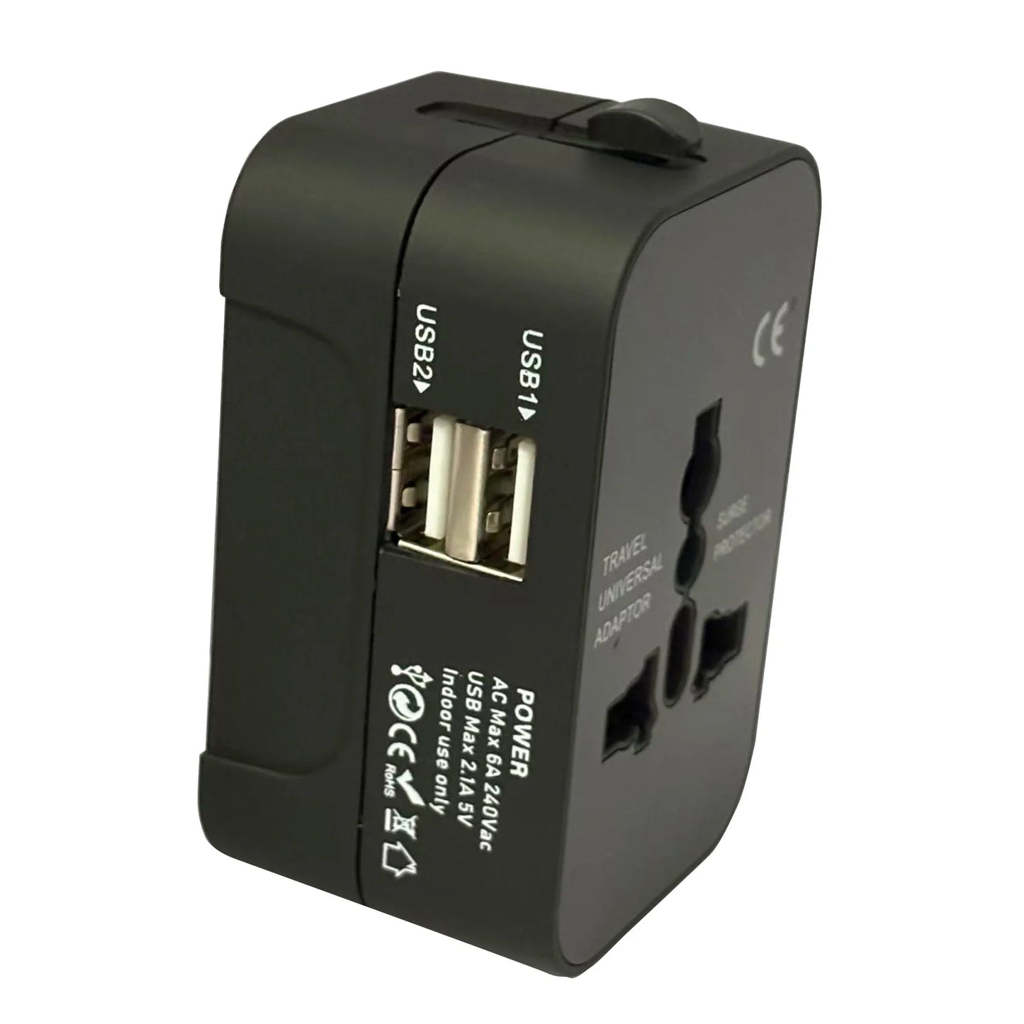 Universal travel plug charger adapter with 2 USB ports/Type-C ports, power outlet converter adapter covering over 150 countries.
