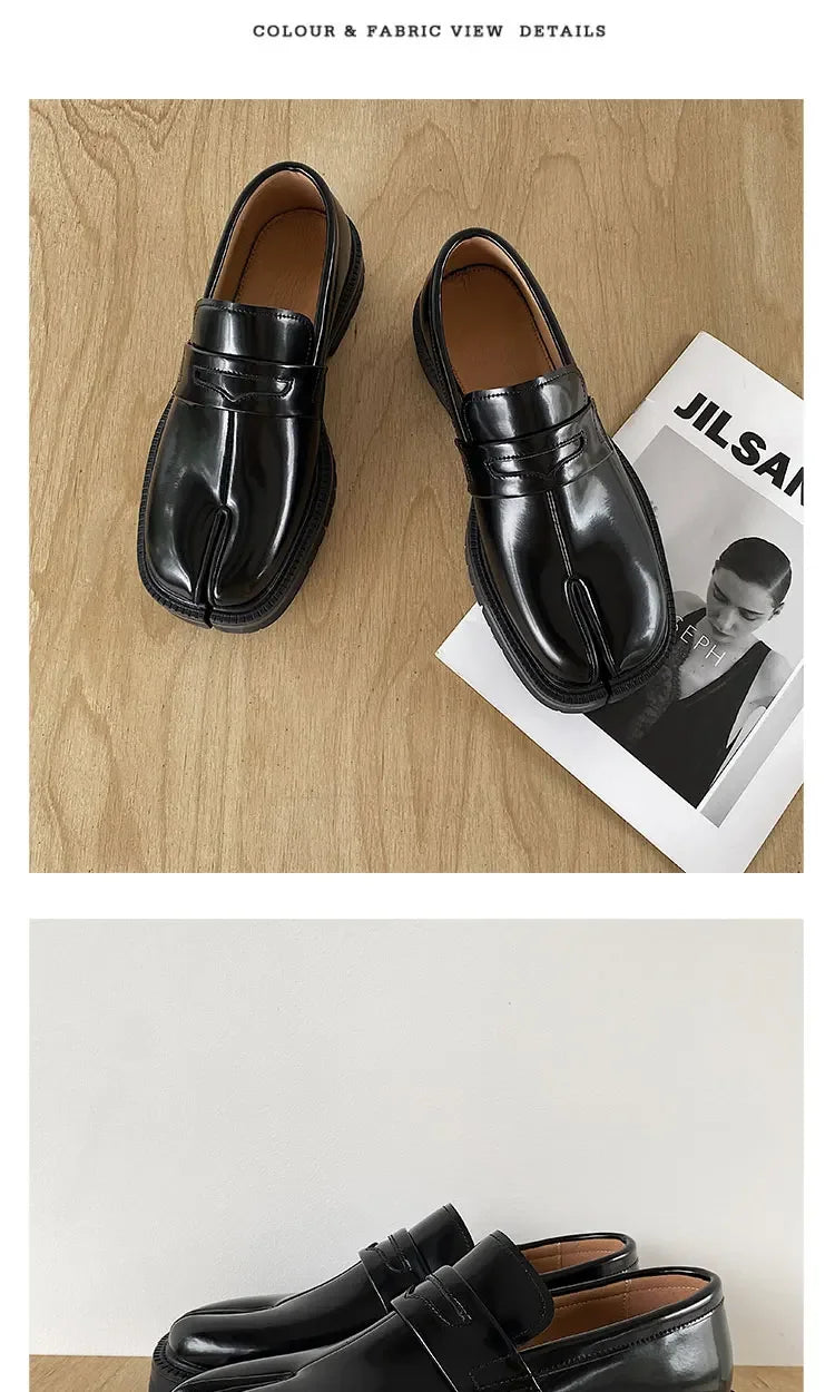 Maganda Split toe horseshoe shoes for men's thick sole Lefu shoes Tabi shoes patent leather shoes Korean version trend casual