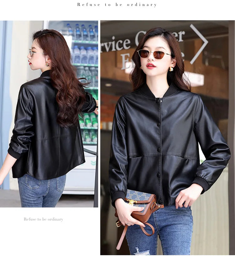 New Women Casual Leather Jacket Spring Autumn Fashion Patchwork V-Neck Single Breasted Loose Short Outerwear Split Leather