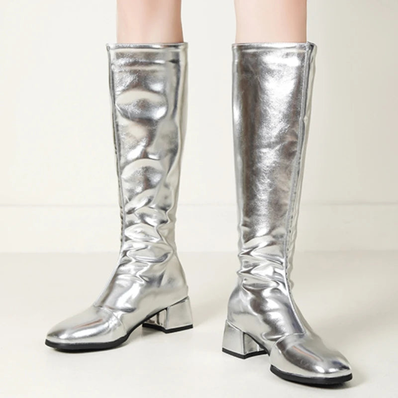 Women's Knee High Boots Winter Shoes 2026 Gold Silver Low Heeled Long Boot Ladies Party Footwear Shoes Large Size 45 Waterproof