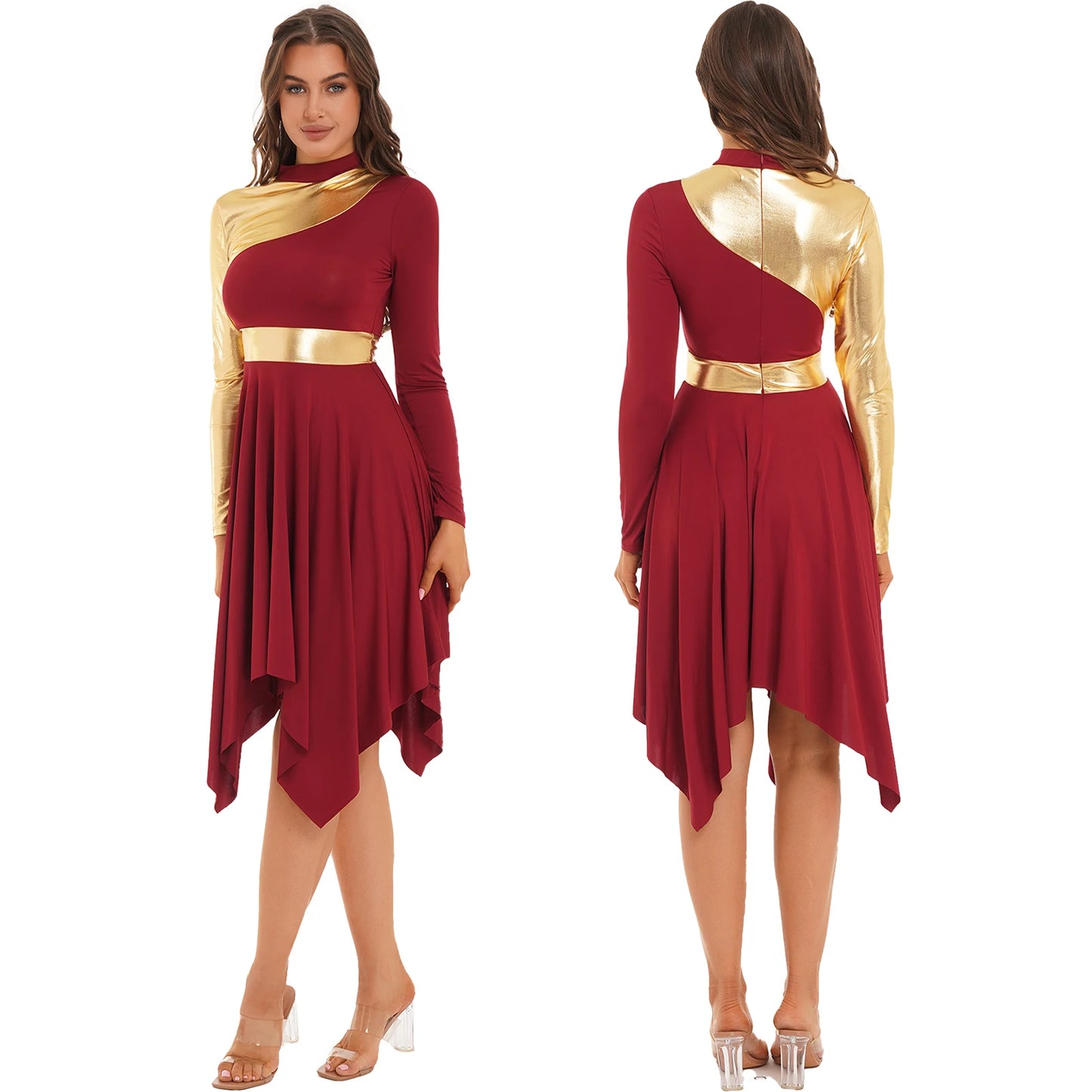 Women Modern Lyrical Dance Dress Waltz Ballroom Performance Costume Church Choir Worship Gown Long Sleeve Shiny Dancewear