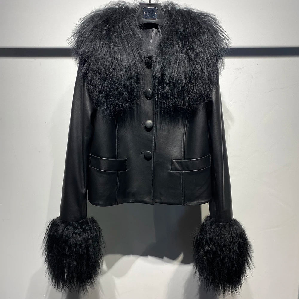 YOLOAgain Women's Mongolia Sheep Fur Collar Real Leather Jacket Single Breasted