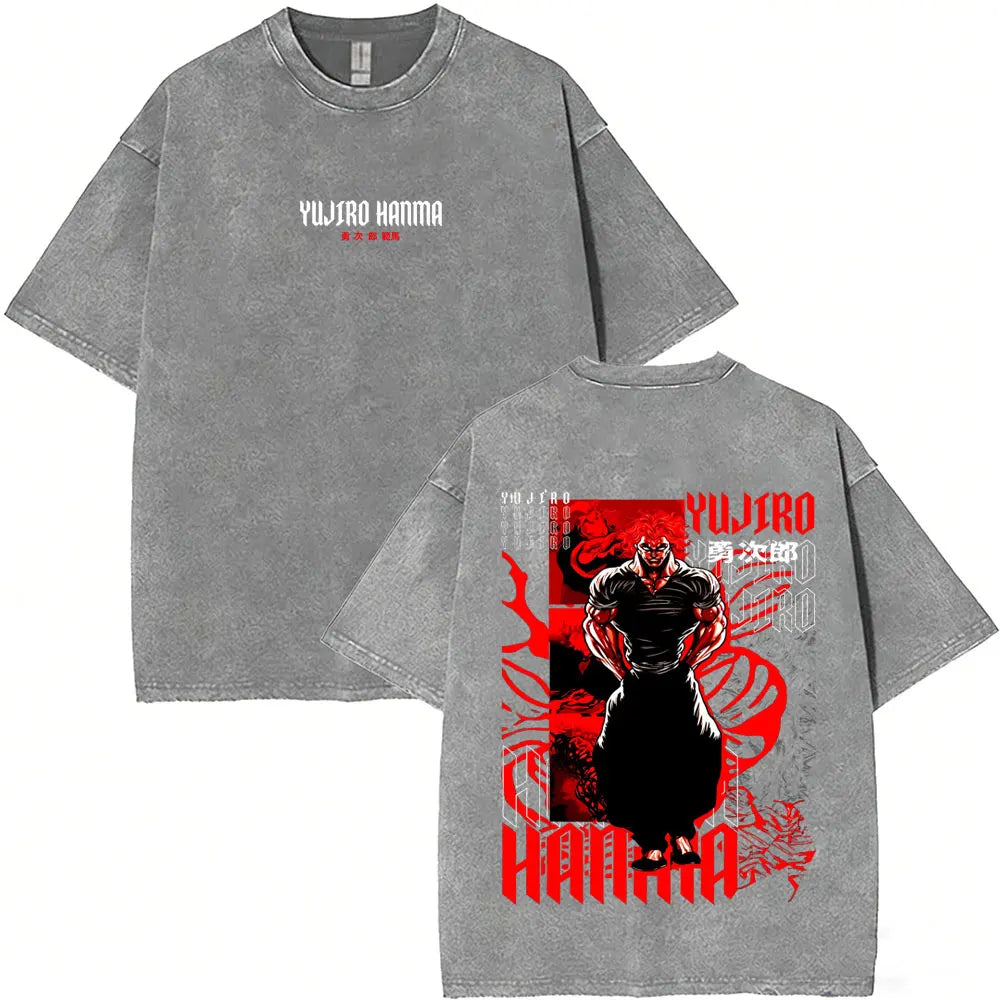 Washed Vintage Anime Baki Hanma Wake Up T-shirt Men Women Retro Manga Oversized T-shirts Men's Casual Cotton T Shirts Streetwear