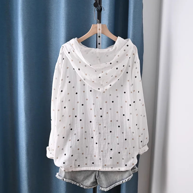 2025 Middle-aged women's clothing 100% cotton yarn hoodies polka dot print shirts long sleeve blouses for women hooded tops
