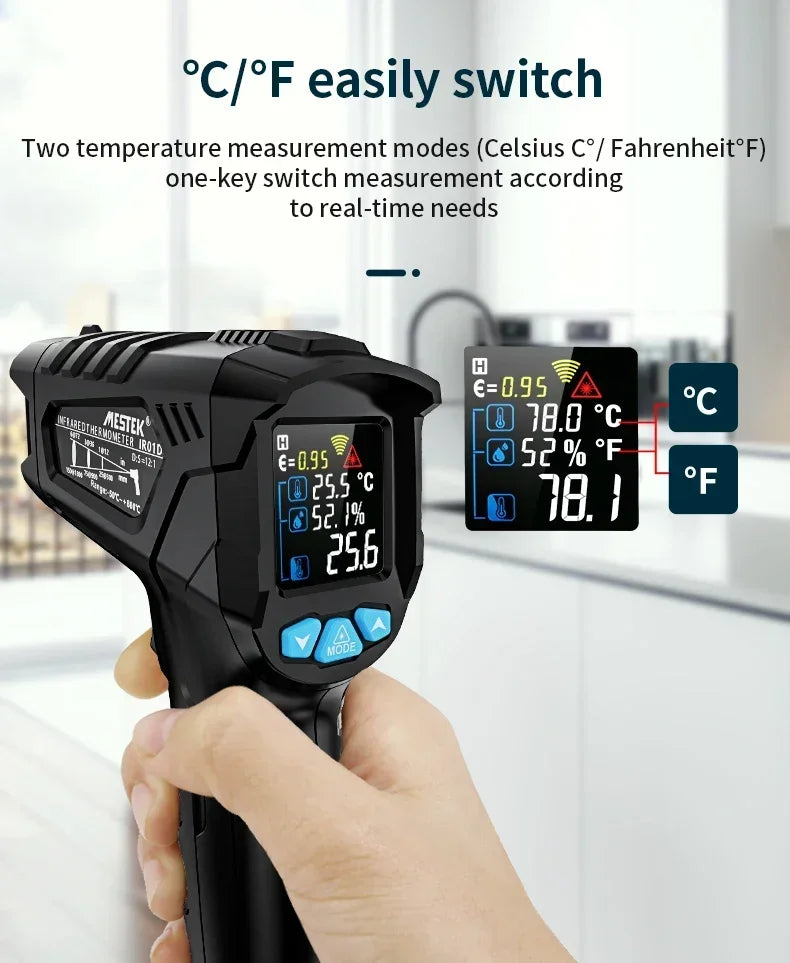 Mestek IR02C Infrared Thermometer C/F Non Contact Pyrometer Temperature Meter Digital Laser Thermometer with temperature probe