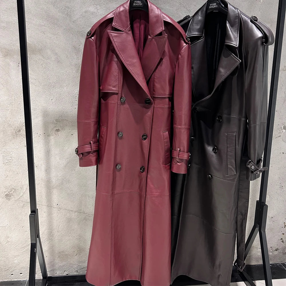Suede Burgundy Long Coat Double Breasted Windbreak Length 150cm Women's Real Suede Coat