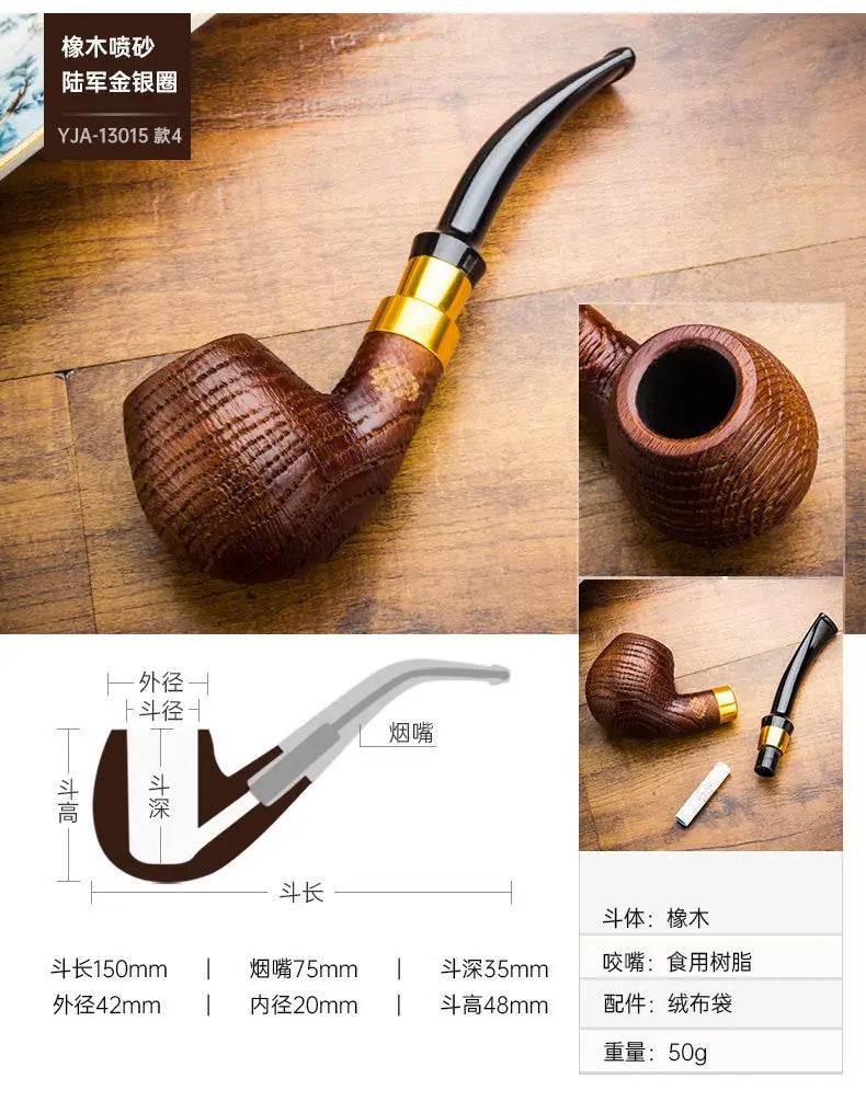Oak Wood Sandblasted Tobacco Pipe with Gold Silver Band 9mm Filter Straight Bent Smoking Pipe for Men Gift Accessories