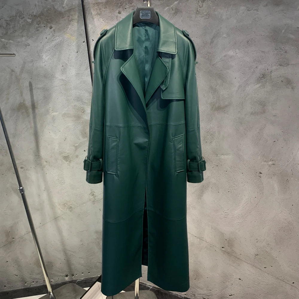 Gold Leather Coat Long Ladies Real Sheepskin Coat Genuine Sheep Leather Windbreak Long 21018