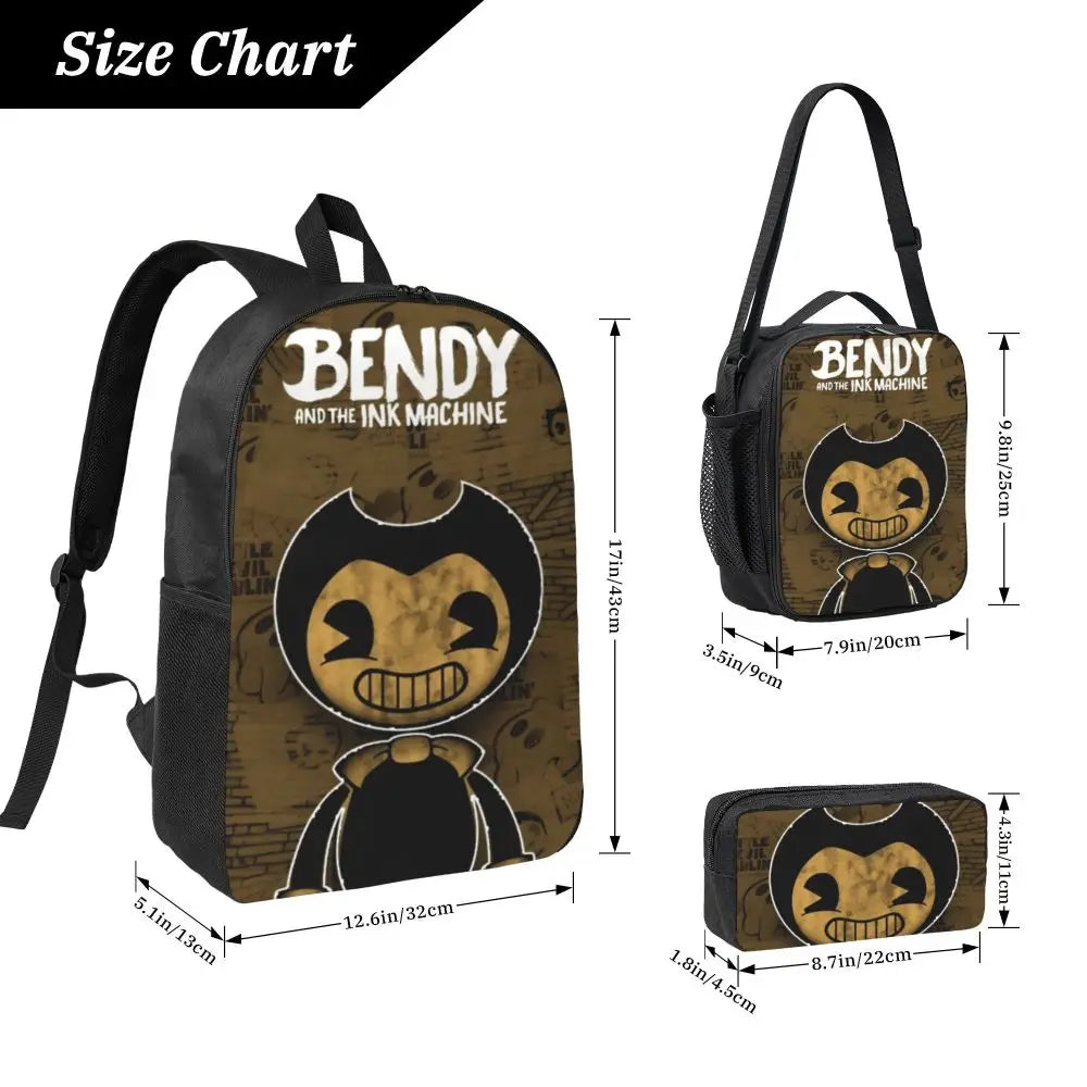 3Pcs Bendys And The Dark School bags Set for Boy Girl Pen Bags Backpack Sets with Lunch Box For School Students Knapsack
