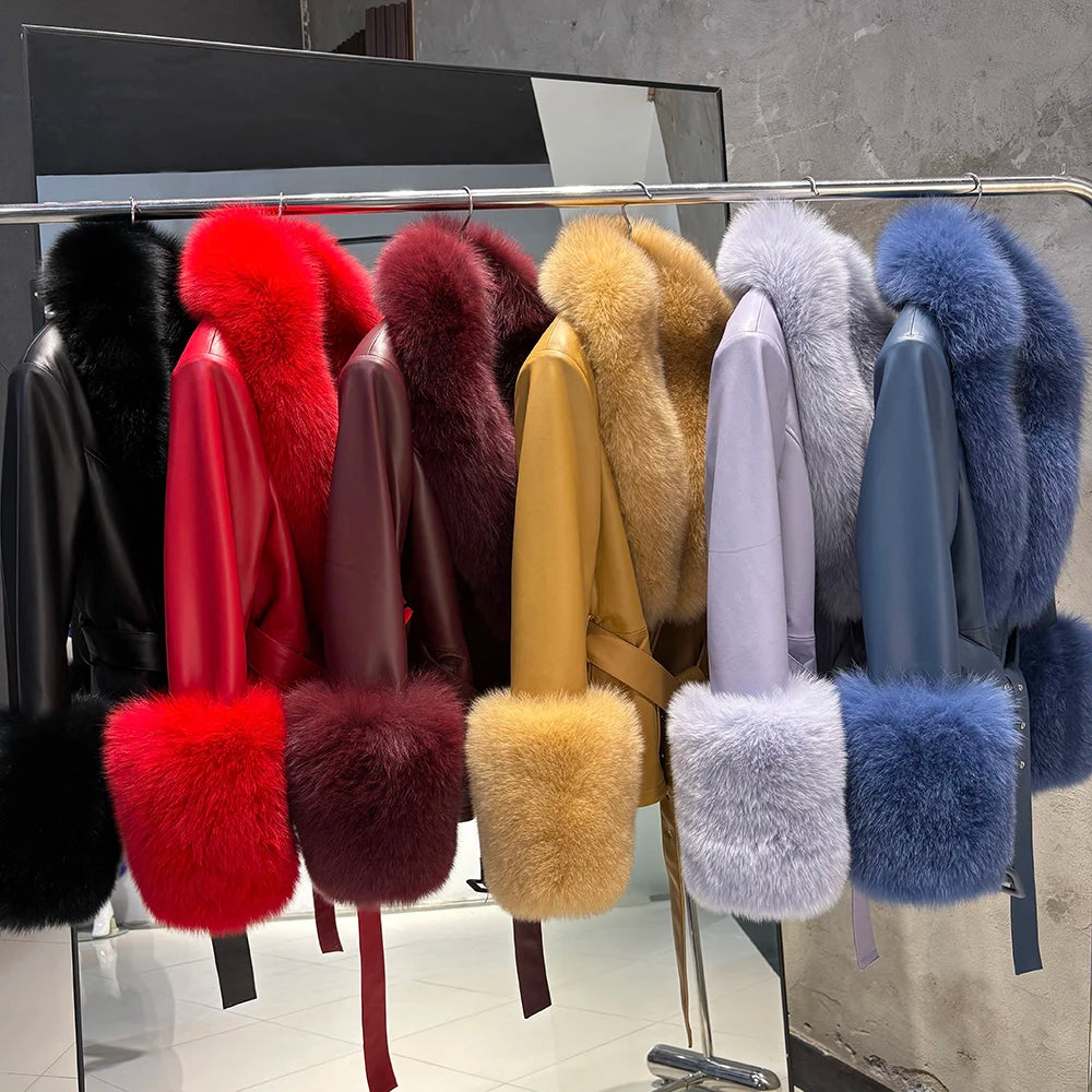YOLOAgain Real Fox Fur Collar Genuine Leather Jacket Women